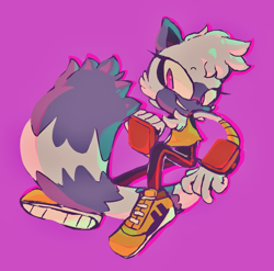 Size: 1127x1115 | Tagged: safe, artist:entertheflorpus, tangle the lemur, 2019, chest fluff, clenched fist, eyelashes, eyestrain, female, mid-air, pink background, simple background, smile, smiling at viewer, solo