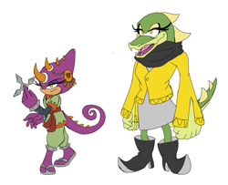 Size: 951x772 | Tagged: safe, artist:cyclone62, oc, crocodile, 2020, bride of constant vigil, chameleon, clothes, duo, eyelashes, female, flat colors, frown, holding something, lidded eyes, looking at each other, smile, standing