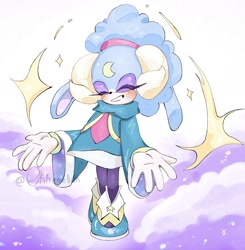 Size: 1755x1791 | Tagged: safe, artist:musikonya, sonic dream team, 2023, abstract background, ariem, blushing, clouds, cute, eyelashes, eyes closed, female, smile, solo, standing