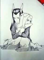 Size: 866x1155 | Tagged: safe, artist:cheroy, galaxina the seedrian, seedrian, alternate outfit, black narcissus, female, greyscale, male, nerathiel