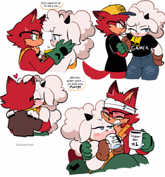Size: 1500x1600 | Tagged: safe, artist:quaverdraws, gadget the wolf, lanolin the sheep, sheep, wolf, 2025, alternate outfit, bandage, blanket, cap, clothes, cup, dialogue, drink, drinking, duo, english text, female, gadget x lanolin, glasses, hand on cheek, hat, kiss, male, pose, shipping, shirt, speech bubble, straight, white background, wound