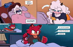 Size: 2000x1300 | Tagged: safe, artist:quaverdraws, gadget the wolf, lanolin the sheep, sheep, wolf, 2025, alternate outfit, bed, bedroom, bedroom eyes, blanket, clothes, comic, dialogue, duo, english text, female, gadget x lanolin, glasses, lying down, male, nighttime, pants, phone, pillow, shipping, shirt, speech bubble, straight, tired