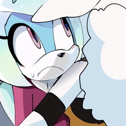 Size: 2048x2048 | Tagged: safe, artist:p1ctur33, jewel the beetle, lanolin the sheep, 2025, alternate view, duo, frown, jewel x lanolin, lesbian, shipping, solo focus, sweatdrop