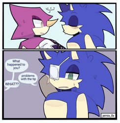 Size: 1000x1024 | Tagged: safe, artist:jemix_llx, espio the chameleon, sonic the hedgehog, ..., 2025, attempted kiss, border, duo, english text, eyepatch, gay, panels, shipping, sonespio, speech bubble, sweatdrop, text