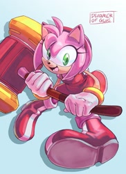 Size: 1493x2048 | Tagged: safe, artist:devourerofglue, amy rose, 2026, eyelashes, gradient background, holding something, looking at viewer, mouth open, open smile, piko piko hammer, signature, smile, smiling at each other, solo, treads