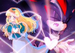 Size: 2388x1668 | Tagged: safe, artist:waaii132299, maria robotnik, shadow the hedgehog, human, 2025, blushing, duo, eyes closed, heart, heart hands, mouth open