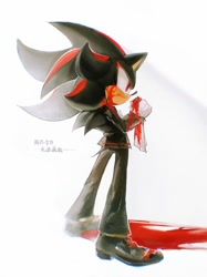 Size: 766x1024 | Tagged: semi-grimdark, artist:waaii132299, shadow the hedgehog, 2025, alternate outfit, alternate shoes, blood, blood on face, chinese text, fully clothed, holding something, pants, shoes, simple background, solo, standing, white background