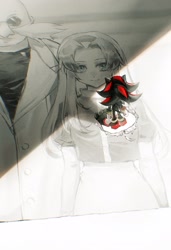 Size: 1404x2048 | Tagged: safe, artist:waaii132299, gerald robotnik, maria robotnik, shadow the hedgehog, human, 2025, redraw, standing, trio