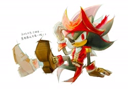 Size: 2048x1422 | Tagged: safe, artist:waaii132299, shadow the hedgehog, 2025, chinese text, hat, looking at viewer, pirate outfit, simple background, sitting, solo, white background