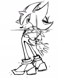 Size: 1522x2048 | Tagged: safe, artist:waaii132299, shadow the hedgehog, 2025, chaos emerald, greyscale, holding something, looking at viewer, monochrome, simple background, sketch, solo, standing, white background