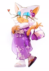 Size: 1429x2048 | Tagged: safe, artist:waaii132299, rouge the bat, 2025, alternate outfit, gloves off, heart, holding something, japanese clothes, kimono, mouth open, purse, simple background, smile, solo, standing, white background