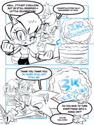 Size: 1536x2048 | Tagged: safe, artist:miijiu, nicole the hololynx, sally acorn, sonic the hedgehog, chipmunk, hedgehog, lynx, cake, comic, dialogue, english text, female, food, male, sally's ringblader outfit, speech bubble, trio