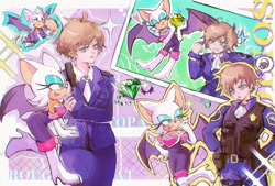 Size: 2048x1382 | Tagged: safe, artist:waaii132299, agent topaz, rouge the bat, human, sonic x, 2024, carrying them, chaos emerald, character name, duo, flying, gun, holding something, lesbian, looking at each other, looking at them, rouge x topaz, shipping, standing