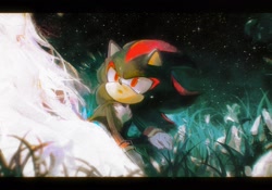 Size: 2048x1430 | Tagged: safe, artist:waaii132299, maria robotnik, shadow the hedgehog, human, 2024, duo, grass, looking at them, nighttime, outdoors, sitting, star (sky)