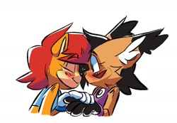 Size: 2027x1405 | Tagged: safe, artist:protosaru, nicole the hololynx, sally acorn, 2022, blushing, cute, duo, eyebrow clipping through hair, holding hands, lesbian, nicabetes, nicole x sally, nose boop, sallabetes, shipping, simple background, white background