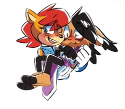 Size: 1651x1444 | Tagged: safe, artist:protosaru, nicole the hololynx, sally acorn, 2022, blushing, carrying them, duo, eye clipping through hair, eyebrow clipping through hair, lesbian, nicole x sally, shipping, simple background, white background