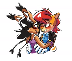 Size: 1845x1564 | Tagged: safe, artist:protosaru, nicole the hololynx, sally acorn, 2022, blushing, duo, eye clipping through hair, eyebrow clipping through hair, holding each other, lesbian, looking at each other, nicole x sally, shipping, simple background, smile, white background