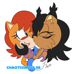 Size: 600x600 | Tagged: safe, artist:chaotiximpulse, nicole the hololynx, sally acorn, 2020, blushing, cute, duo, flat colors, holding each other, kiss, lesbian, nicabetes, nicole x sally, sallabetes, shipping, signature, simple background, smile, white background