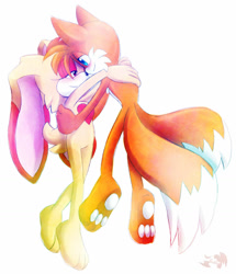 Size: 1024x1193 | Tagged: suggestive, artist:phoenixsalover, cream the rabbit, miles "tails" prower, 2015, aged up, barefoot, blushing, cream x tails, duo, holding each other, lidded eyes, looking at each other, mid-air, pawpads, paws, shipping, simple background, smile, straight, white background