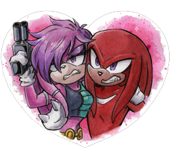 Size: 1280x1122 | Tagged: safe, artist:viciousbutprecious, julie-su, knuckles the echidna, echidna, 2026, duo, female, gun, heart background, holding each other, holding something, julie-su x knuckles, male, pistol, shipping, straight, weapon