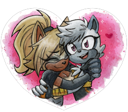Size: 1280x1122 | Tagged: safe, artist:viciousbutprecious, tangle the lemur, whisper the wolf, lemur, wolf, 2026, duo, female, heart, heart background, hugging, lesbian, shipping, tangle x whisper