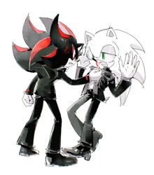 Size: 902x1024 | Tagged: safe, artist:waaii132299, shadow the hedgehog, sonic the hedgehog, 2024, alternate outfit, alternate shoes, angry, blood, blood on face, clenched teeth, cross popping vein, duo, greyscale, hands up, jacket, looking at each other, looking at them, monochrome, nosebleed, pants, school uniform, simple background, standing, white background