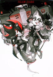 Size: 1420x2048 | Tagged: safe, artist:waaii132299, e-123 omega, rouge the bat, shadow the hedgehog, 2024, alternate outfit, dress, fully clothed, hat, jacket, monochrome, mouth open, pants, robot, shadow's logo, simple background, smile, team dark, team name, trio, white background