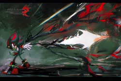 Size: 4096x2747 | Tagged: safe, artist:waaii132299, shadow the hedgehog, 2024, character name, clenched fist, clenched teeth, doom shadow, shadow's logo, solo, standing