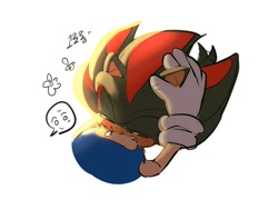 Size: 1192x902 | Tagged: safe, artist:tamjeong_sonic, shadow the hedgehog, sonic the hedgehog, 2026, blushing, duo, eyes closed, gay, hand on another's head, korean text, shadow x sonic, shipping, simple background, wagging tail, white background