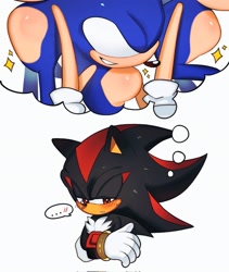 Size: 1727x2048 | Tagged: suggestive, artist:tamjeong_sonic, shadow the hedgehog, sonic the hedgehog, 2026, blushing, busty sonic, duo, gay, lidded eyes, shadow x sonic, shipping, simple background, sparkles, thought bubble, white background