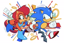Size: 2048x1365 | Tagged: safe, artist:jadepesky, sally acorn, sonic the hedgehog, chipmunk, hedgehog, sonic mania, 2025, classic sally, classic sonic, daytime, duo, female, holding hands, male, ring, running, sally x sonic, sally's vest and boots, shipping, straight