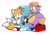 Size: 1741x1206 | Tagged: safe, miles "tails" prower, rotor walrus, fox, walrus, sonic mania, 2024, abstract background, cap, classic rotor, classic tails, duo, duo male, hand on hip, hat, holding something, looking at each other, male, starry eyes, talking, wrench