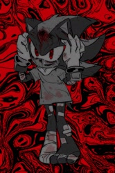 Size: 1155x1743 | Tagged: safe, artist:tamjeong_sonic, shadow the hedgehog, 2026, bandage, barefoot, blood, crying, hands on own head, monochrome, mouth open, shirt, solo, standing, tears