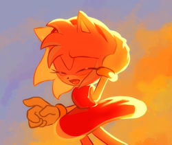 Size: 1344x1134 | Tagged: safe, artist:tamjeong_sonic, amy rose, 2026, blushing, clouds, eyes closed, hand on own head, mouth open, outdoors, smile, solo, standing