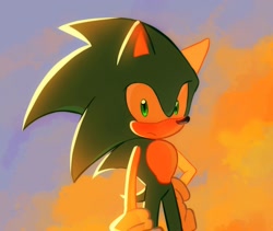 Size: 1344x1134 | Tagged: safe, artist:tamjeong_sonic, sonic the hedgehog, 2026, blushing, clouds, looking at viewer, outdoors, solo, standing
