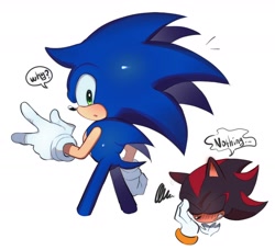 Size: 1784x1626 | Tagged: suggestive, artist:tamjeong_sonic, shadow the hedgehog, sonic the hedgehog, 2026, blushing, butt, duo, eyes closed, from behind, gay, shadow x sonic, shipping, simple background, speech bubble, standing, white background