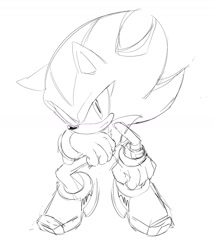 Size: 1384x1618 | Tagged: safe, artist:tamjeong_sonic, shadow the hedgehog, 2026, greyscale, looking at viewer, monochrome, simple background, sitting, sketch, solo, white background