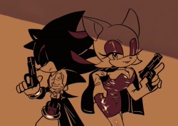 Size: 1754x1244 | Tagged: safe, artist:tamjeong_sonic, rouge the bat, shadow the hedgehog, 2026, alternate outfit, brown background, cleavage, dress, duo, eyes closed, gun, holding something, limited palette, looking at viewer, redraw, shirt, simple background, standing, wink