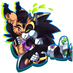 Size: 1024x1024 | Tagged: safe, artist:galaxynite, nicole the hololynx, shard the metal, lynx, 2017, blank background, carrying them, duo, female, happy, heart, hololynx, hugging, male, robot, shardicole, shipping, straight