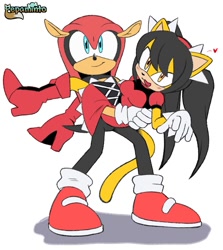 Size: 891x1000 | Tagged: safe, artist:pepamintopatty, honey the cat, mighty the armadillo, armadillo, cat, 2023, carrying them, duo, female, happy, heart, honey x mighty, jojo's bizzare adventure, male, pose, reference, shipping, standing, straight