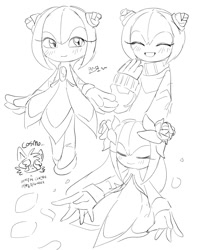 Size: 1584x2000 | Tagged: safe, artist:tamjeong_sonic, cosmo the seedrian, miles "tails" prower, seedrian, 2026, blushing, cosmobetes, cute, duo, eyes closed, greyscale, korean text, monochrome, mouth open, shipping, simple background, sketch, smile, solo focus, straight, sweater, tailsmo