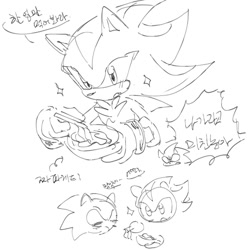 Size: 2000x2000 | Tagged: safe, artist:tamjeong_sonic, shadow the hedgehog, sonic the hedgehog, 2025, arrow, blushing, chopsticks, duo, food, greyscale, holding something, korean text, monochrome, simple background, sketch, speech bubble, white background