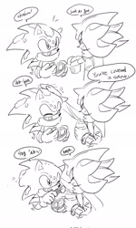 Size: 1229x2048 | Tagged: safe, artist:tamjeong_sonic, shadow the hedgehog, sonic the hedgehog, 2025, blushing, bowl, chopsticks, comic, cute, duo, eating, english text, food, gay, greyscale, hand on another's head, holding something, looking at each other, looking at them, monochrome, mouth open, one eye closed, scarf, shadow x sonic, shadowbetes, shipping, simple background, smile, snow, sonabetes, speech bubble, white background