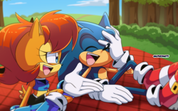 Size: 1440x900 | Tagged: safe, artist:risziarts, sally acorn, sonic the hedgehog, chipmunk, hedgehog, 2023, duo, laughing, outside, sally x sonic, sally's ringblader outfit, shipping, sitting, straight