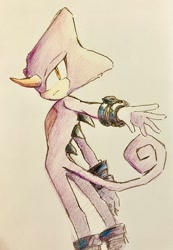 Size: 1420x2048 | Tagged: safe, artist:yuki0430yuki, espio the chameleon, 2026, frown, looking at viewer, looking back, looking back at viewer, reaching out, solo, standing, traditional media