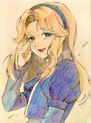 Size: 1512x2048 | Tagged: safe, artist:yuki0430yuki, maria robotnik, human, 2026, blushing, eye clipping through hair, eyebrow clipping through hair, mouth open, open smile, smile, solo, traditional media