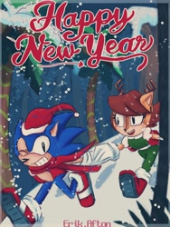 Size: 1536x2048 | Tagged: safe, artist:erik.afton, artist:lonelysaito, sally acorn, sonic the hedgehog, chipmunk, hedgehog, 2026, alternate outfit, christmas, duo, english text, forest, holding hands, new years, running, sally x sonic, shipping, snow, snowing, straight, winter outfit