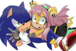 Size: 600x405 | Tagged: safe, artist:fannfare, mina mongoose, sonic the hedgehog, 2017, amputee, disabled, duo, holding each other, looking at viewer, lying back, lying down, lying on them, mina x sonic, mouth open, open smile, prosthetic, shipping, simple background, smile, smiling at viewer, straight, white background, wink, winking at viewer