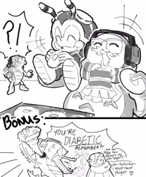 Size: 1696x2048 | Tagged: safe, artist:edlucavalden, charmy bee, vector the crocodile, 2026, angry, cross popping vein, diabetes, dialogue, eating, english text, exclamation mark, food, happy, heart, laughing, monochrome, nite the owl, question mark, riding on shoulder, simple background, smile, standing, text, trio, white background