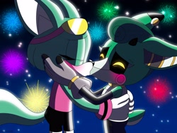 Size: 4000x3000 | Tagged: safe, artist:fartist2020, cassia the pronghorn, sonar the fennec, cassia x sonar, fireworks, kiss, lesbian
